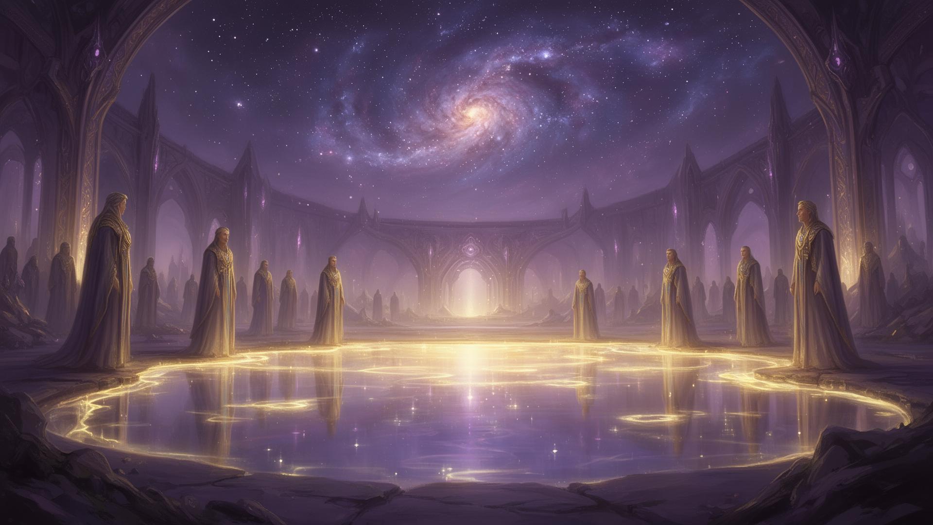 Ascendants gathered around luminous waters under a starry cosmic sky in Arka's Paradise