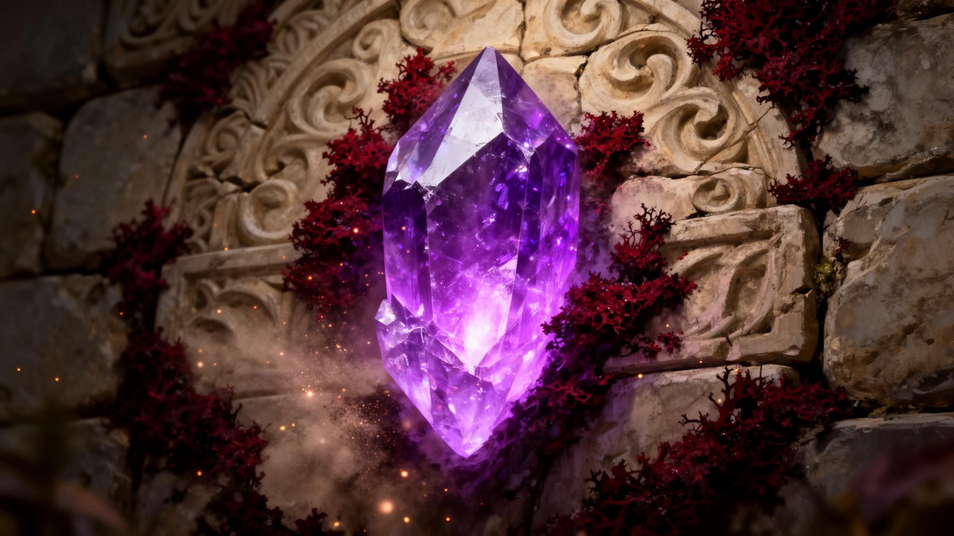 Glowing violet Crylite crystal embedded in ancient Kunava stone