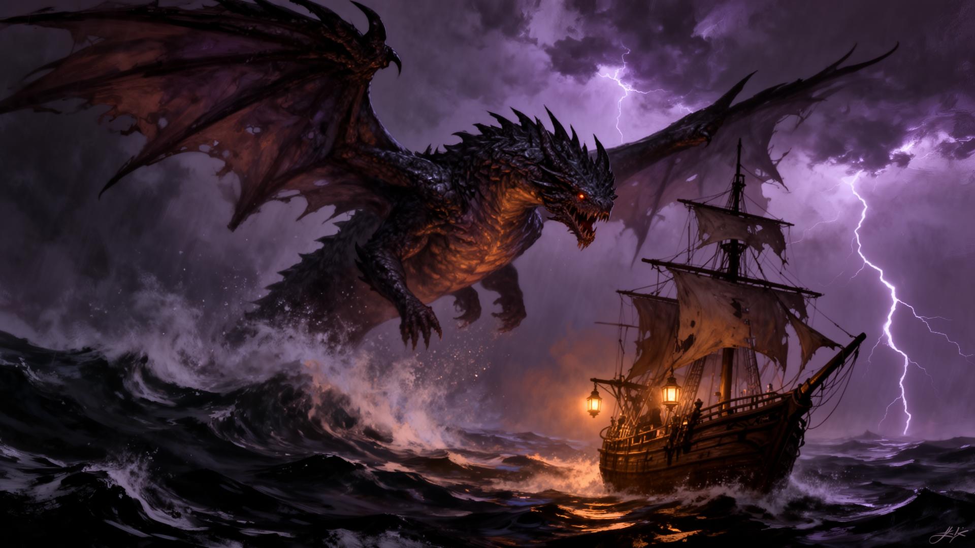 Shakkoral, a winged sea-beast, breaches over a doomed ship in a lightning storm